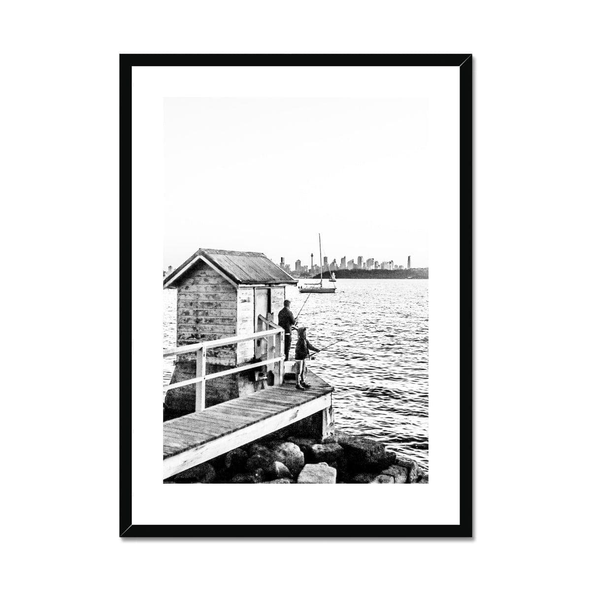 Adam Davies Framed A4 Portrait / Black Frame Black & White Fishing With Fatherly Love Framed & Mounted Print