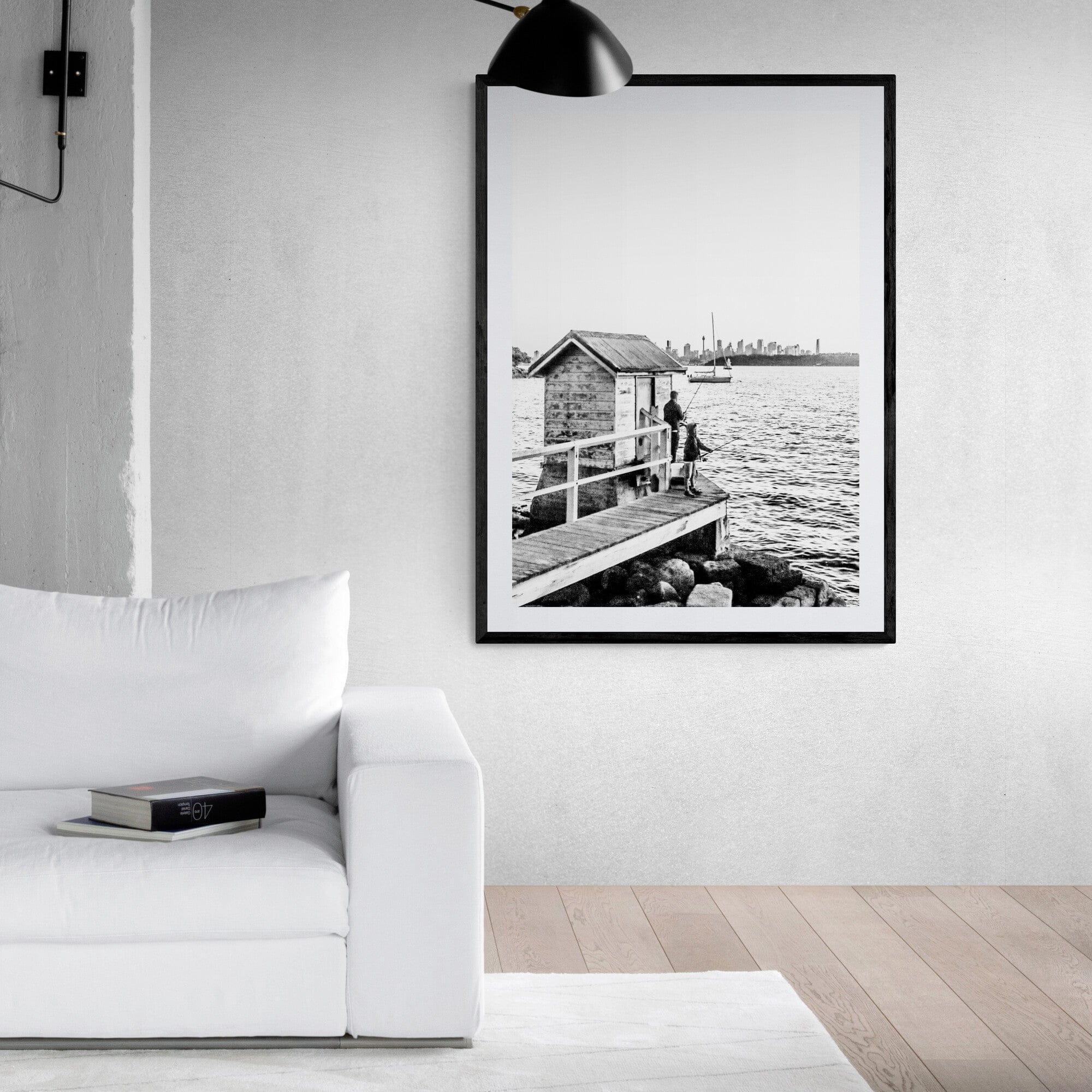 Adam Davies Framed Black & White Fishing With Fatherly Love Framed & Mounted Print