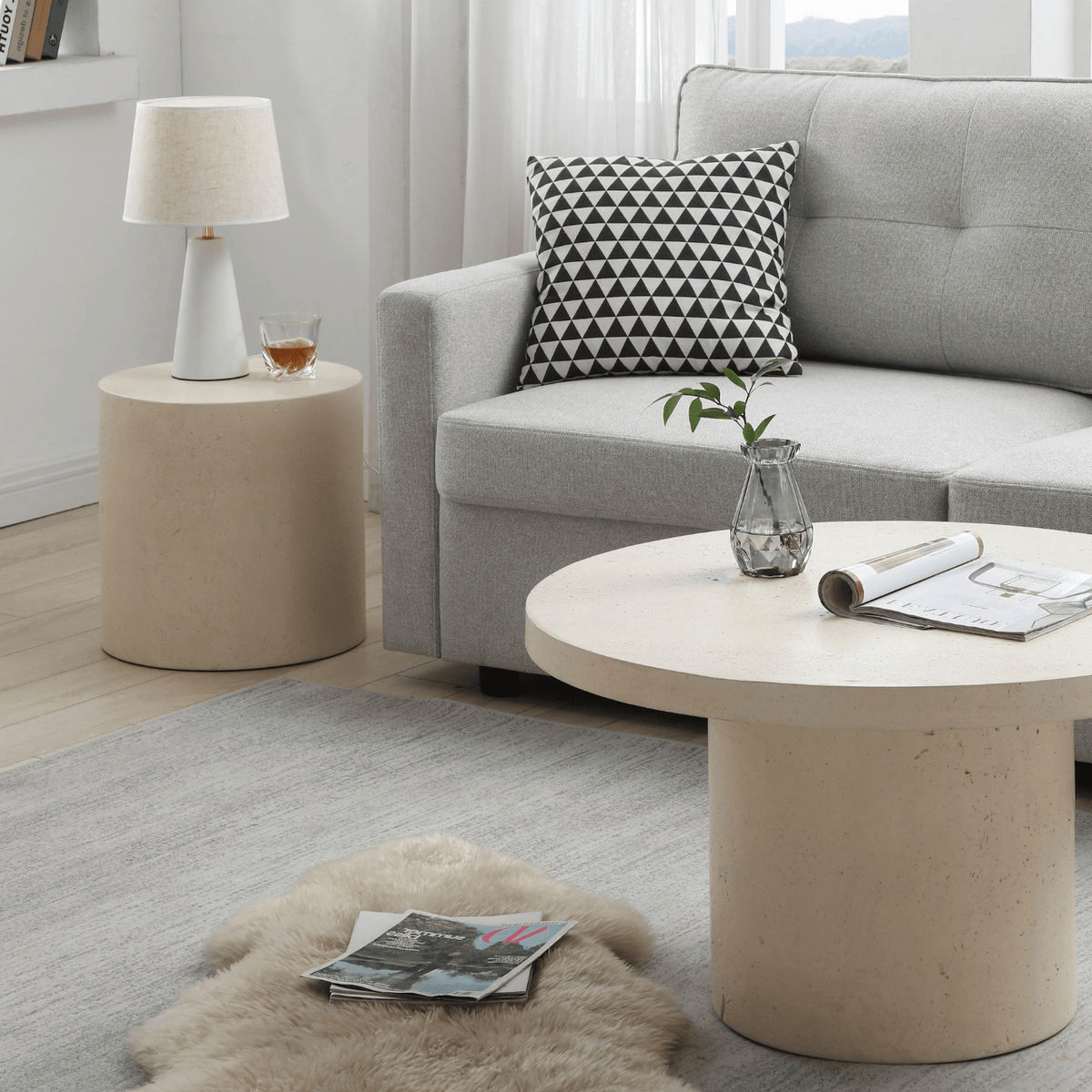 Fira Round Concrete Sandstone White Side Table | Seek & Ramble