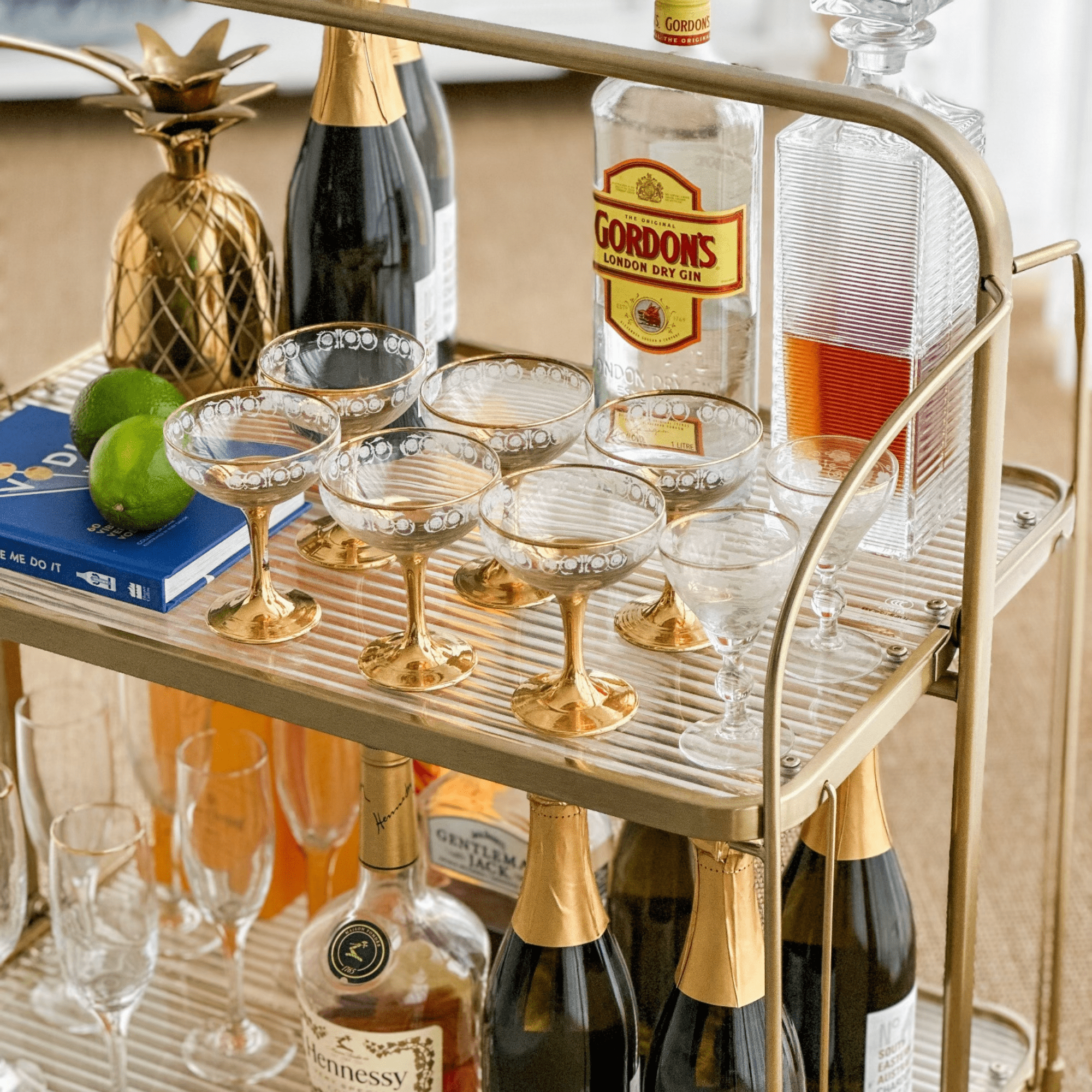 Seek & Ramble Bar Trolley Gatsby Bar Cart Fluted Glass & Gold Metal | Foldable Storage Shelf & Trolley