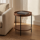 Seek & Ramble Side Tables Cleo 40cm Round Side Table With Storage Shelf - Walnut and Black