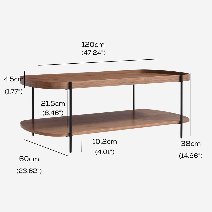 Cleo 120cm Rectangle Coffee Table Walnut & Black measurements