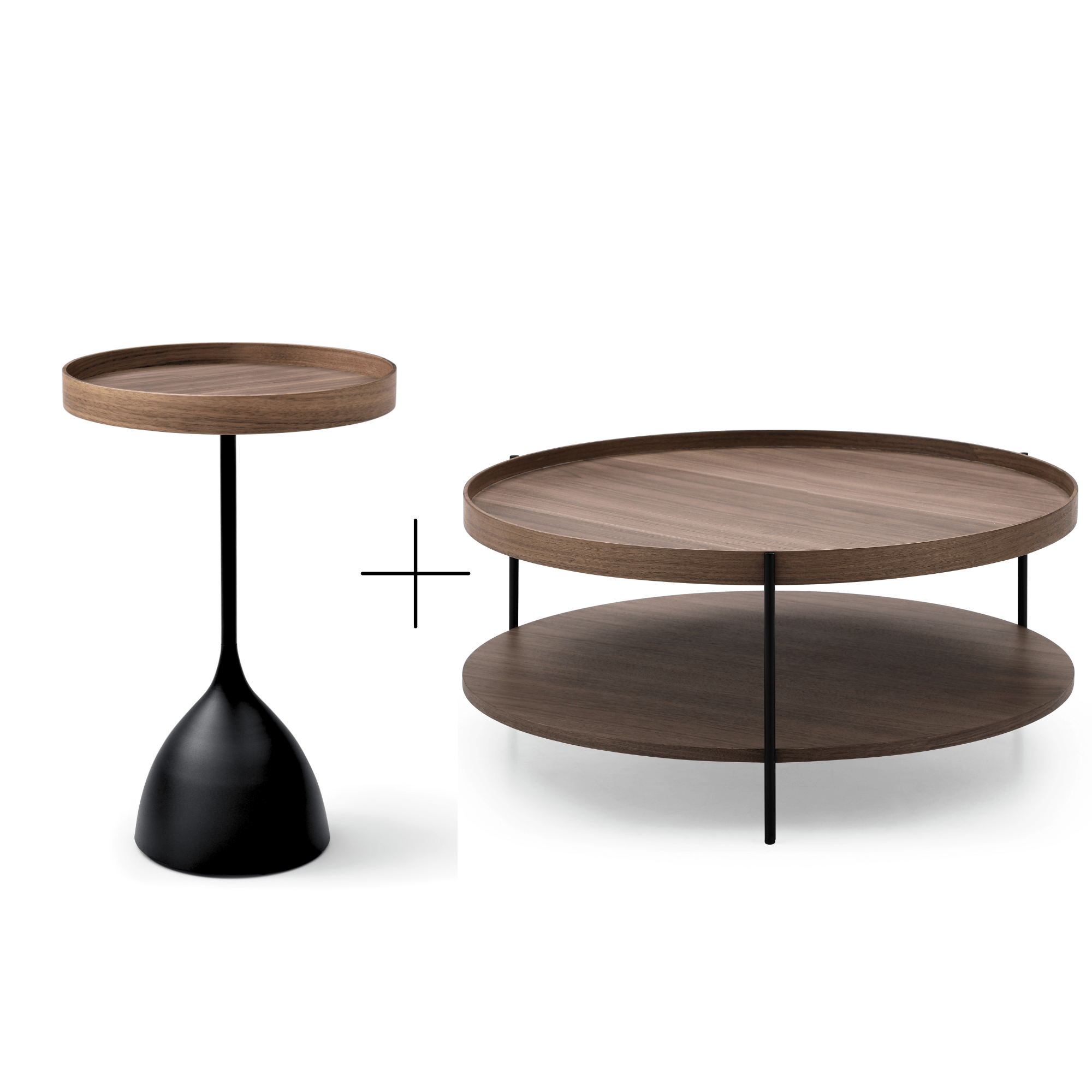 Seek & Ramble Bundles Walnut Side Table Set of 2 Round Coffee Table Walnut & Tray Top Side Table Bundle