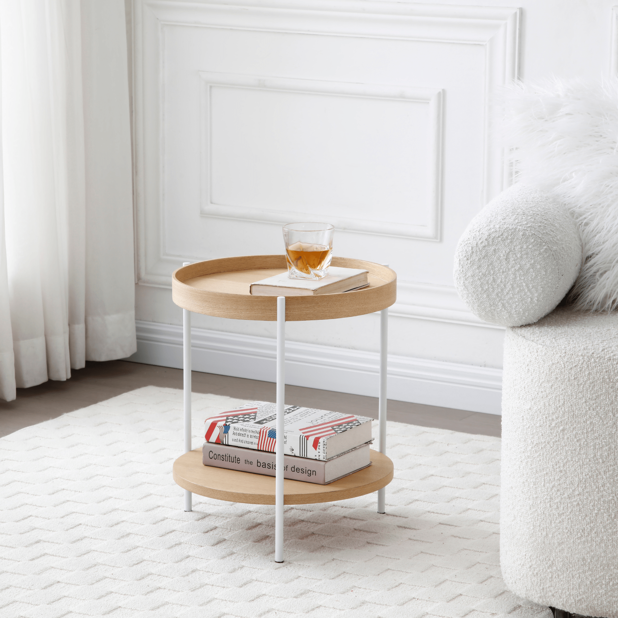Seek & Ramble Side Tables Cleo 40cm Round Side Table With Storage Shelf Ash White Legs