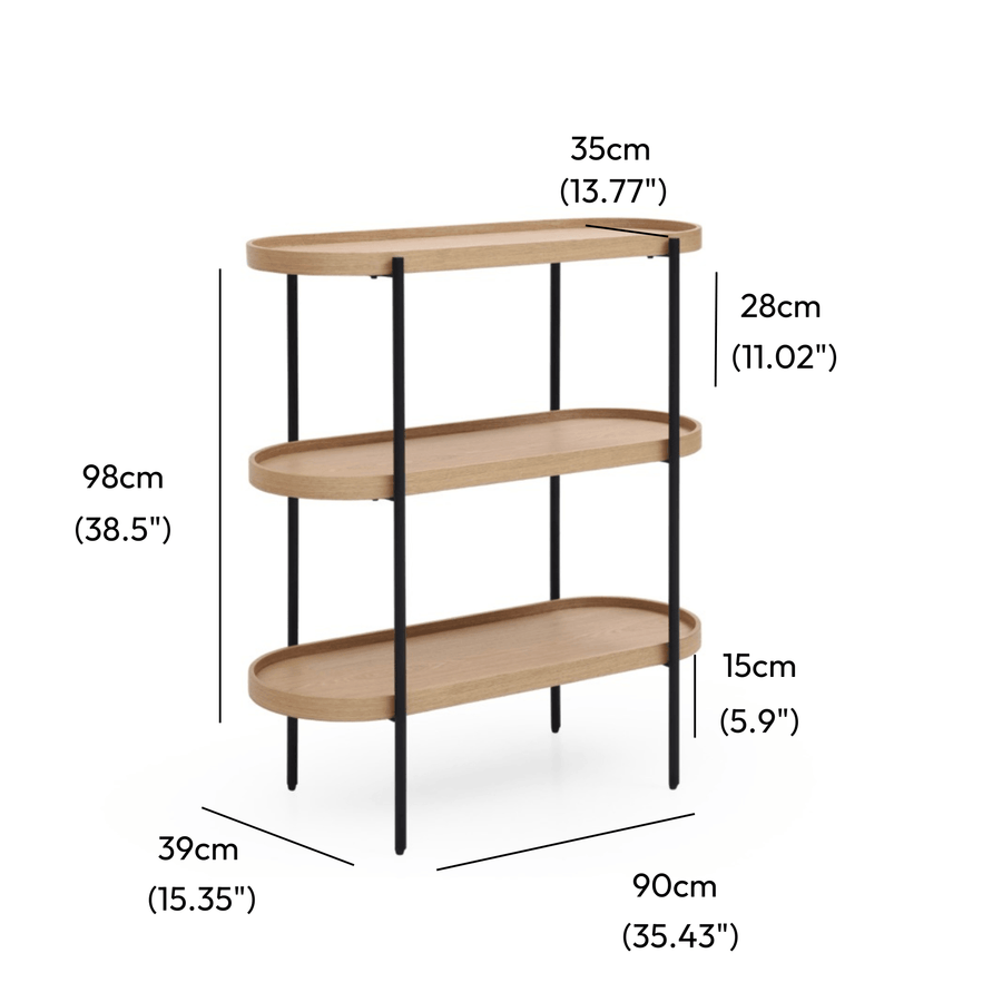 Cleo 3 Tier 90cm x 98cm Bookshelf Natural Ash & Black measurements