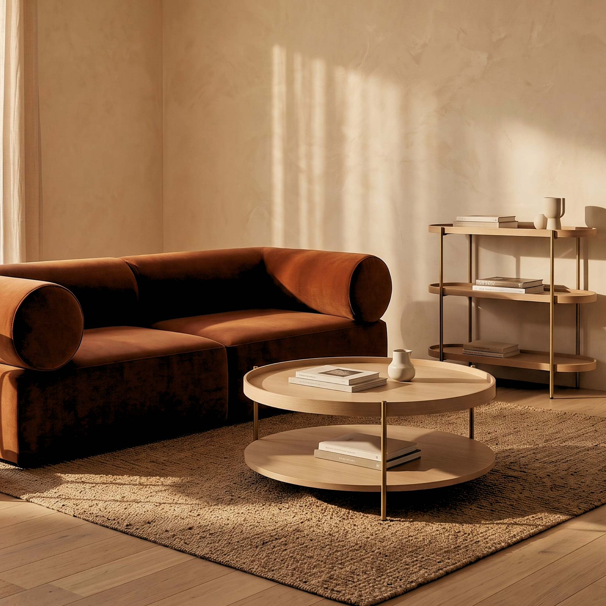Seek & Ramble Coffee Tables Cleo 90cm Round Coffee Table Ash With Storage Shelf Gold Legs