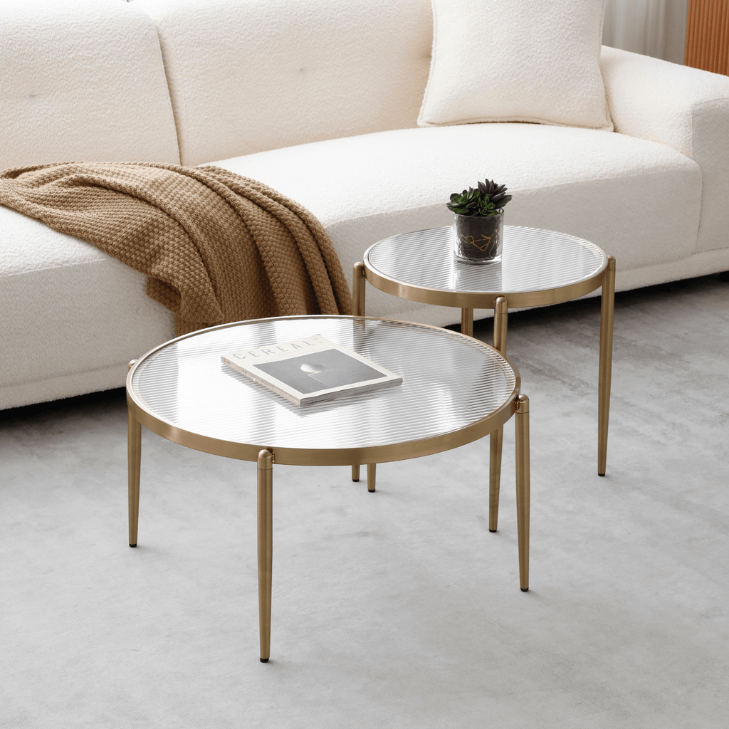 Seek & Ramble Coffee Tables Gatsby Set of 2 Round Coffee Table Nest Fluted Glass & Gold Metal