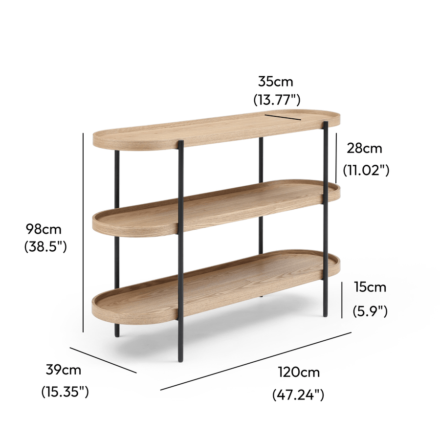 Cleo 3 Tier 120cm x 98cm Bookshelf Natural Ash & Gold measurements