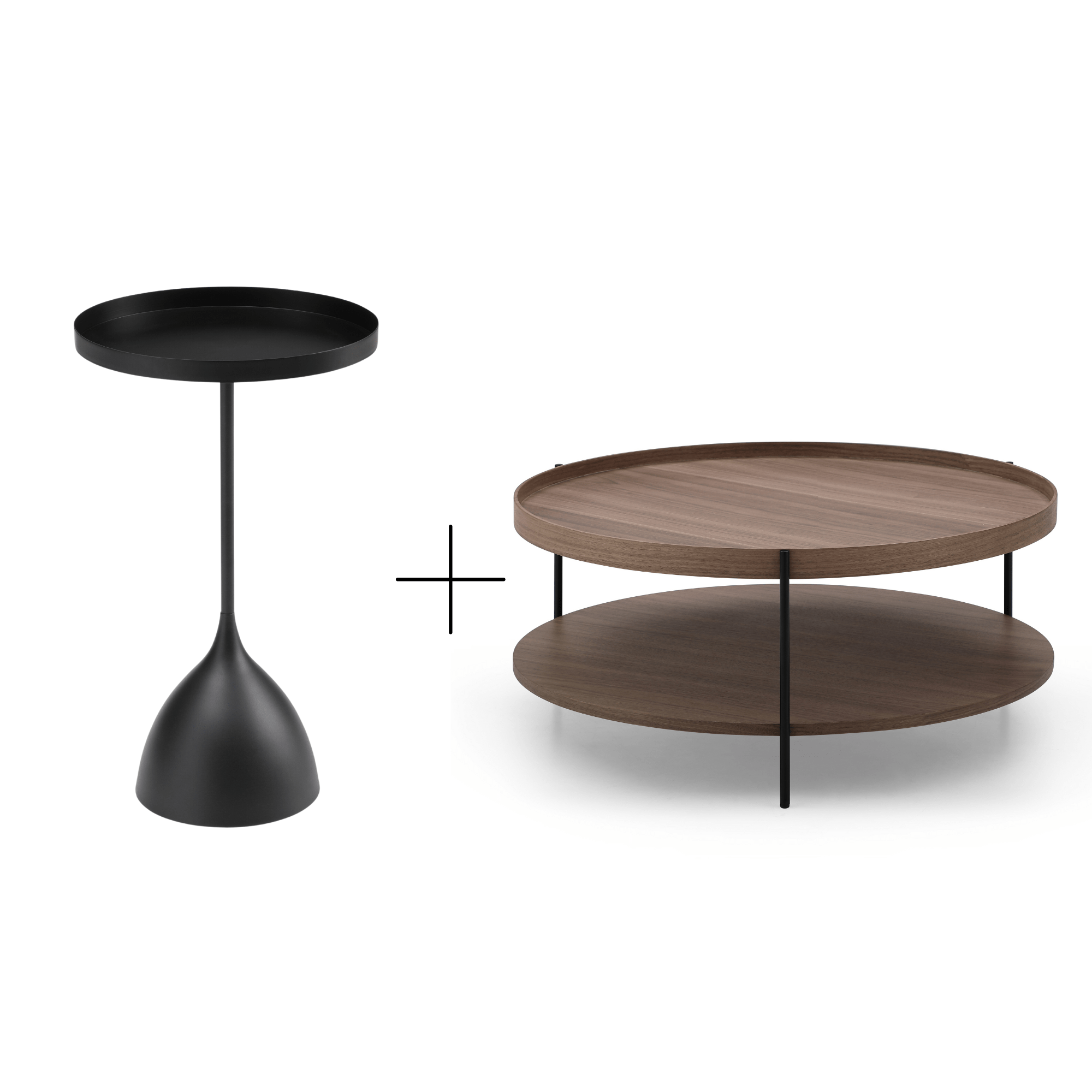 Seek & Ramble Bundles Black Side Table Set of 2 Round Coffee Table Walnut & Tray Top Side Table Bundle