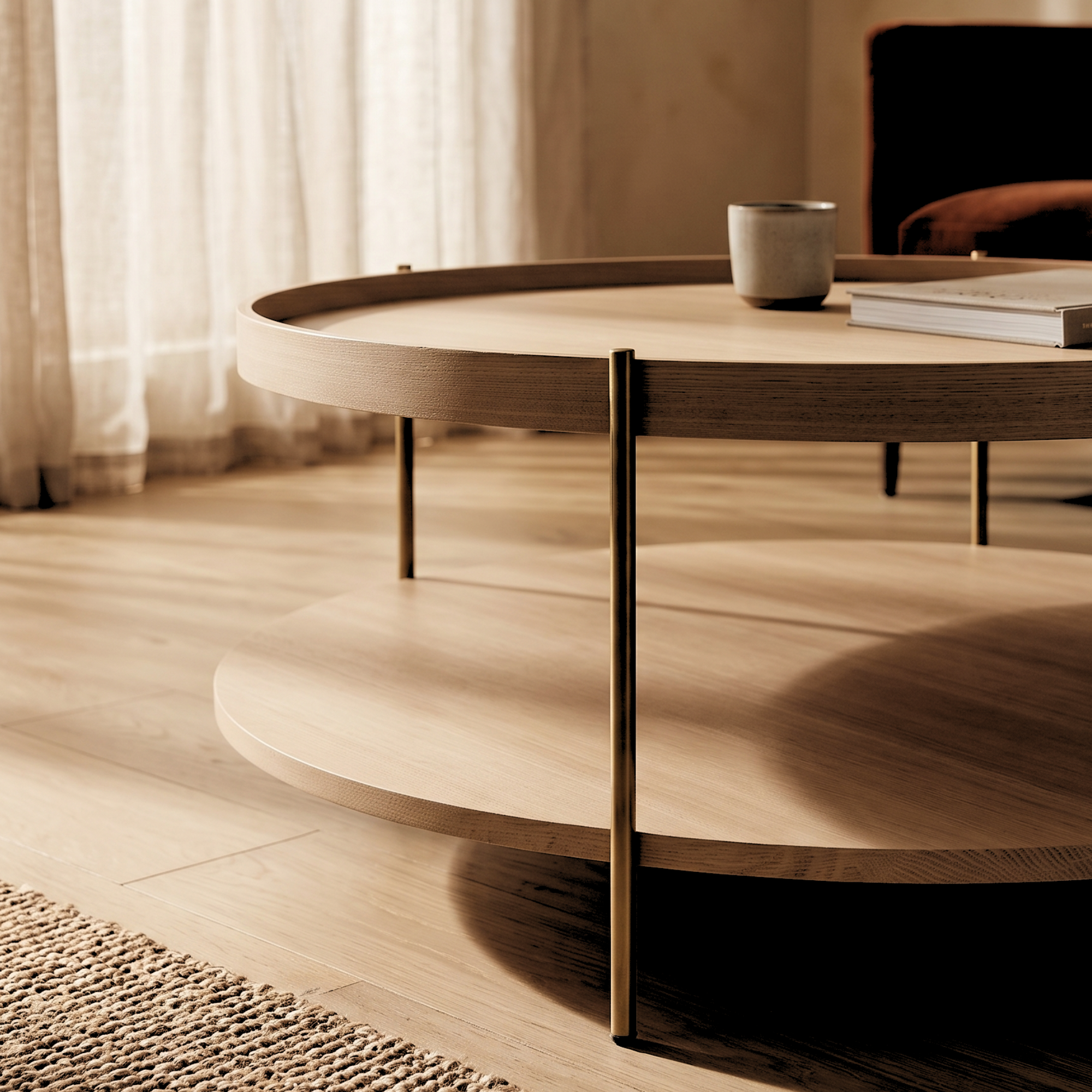 Seek & Ramble Coffee Tables Cleo 90cm Round Coffee Table Ash With Storage Shelf Gold Legs