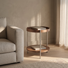 Seek & Ramble Side Tables Cleo 40cm Round Side Table With Storage Shelf - Walnut and Stainless Steel