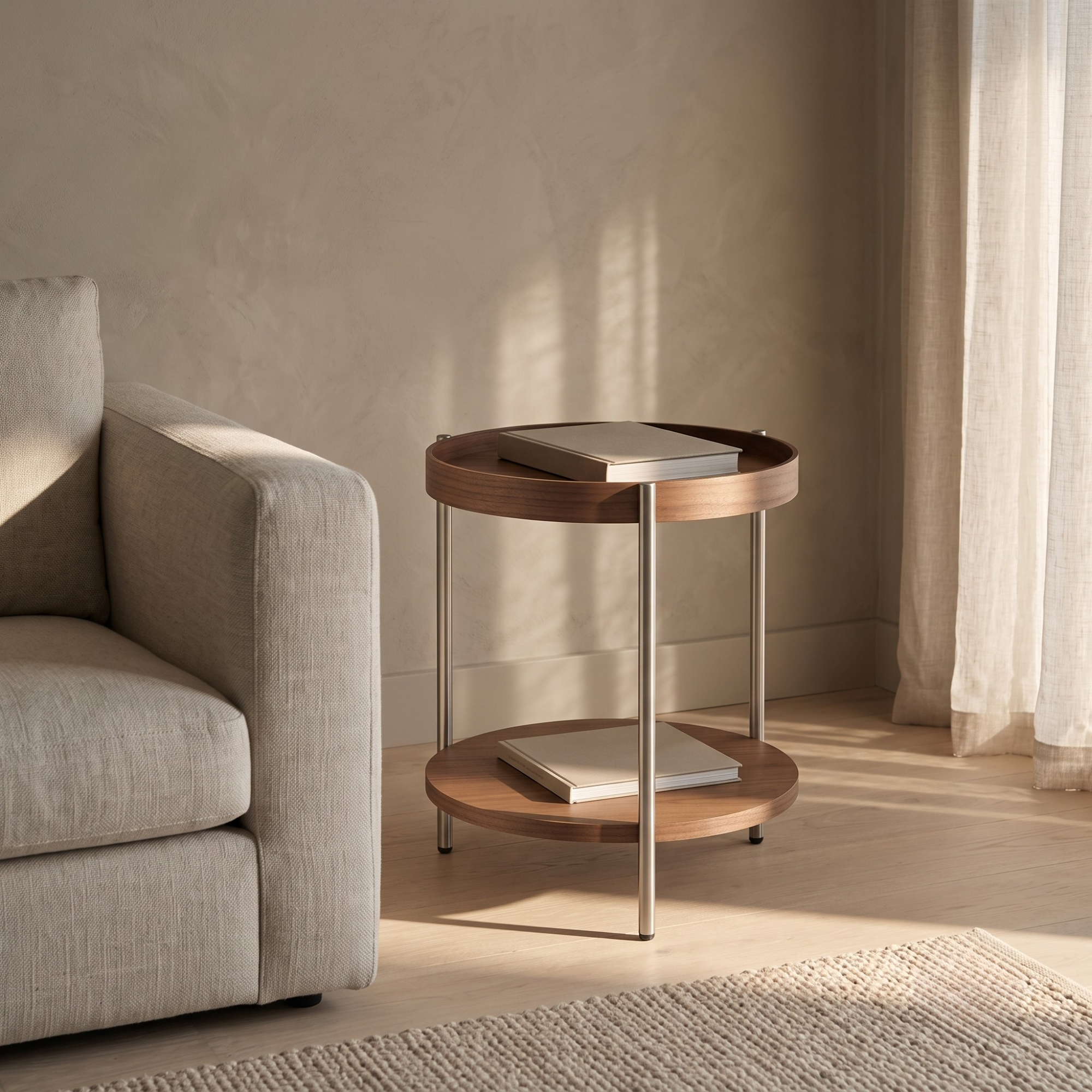 Seek & Ramble Side Tables Cleo 40cm Round Side Table With Storage Shelf - Walnut and Stainless Steel