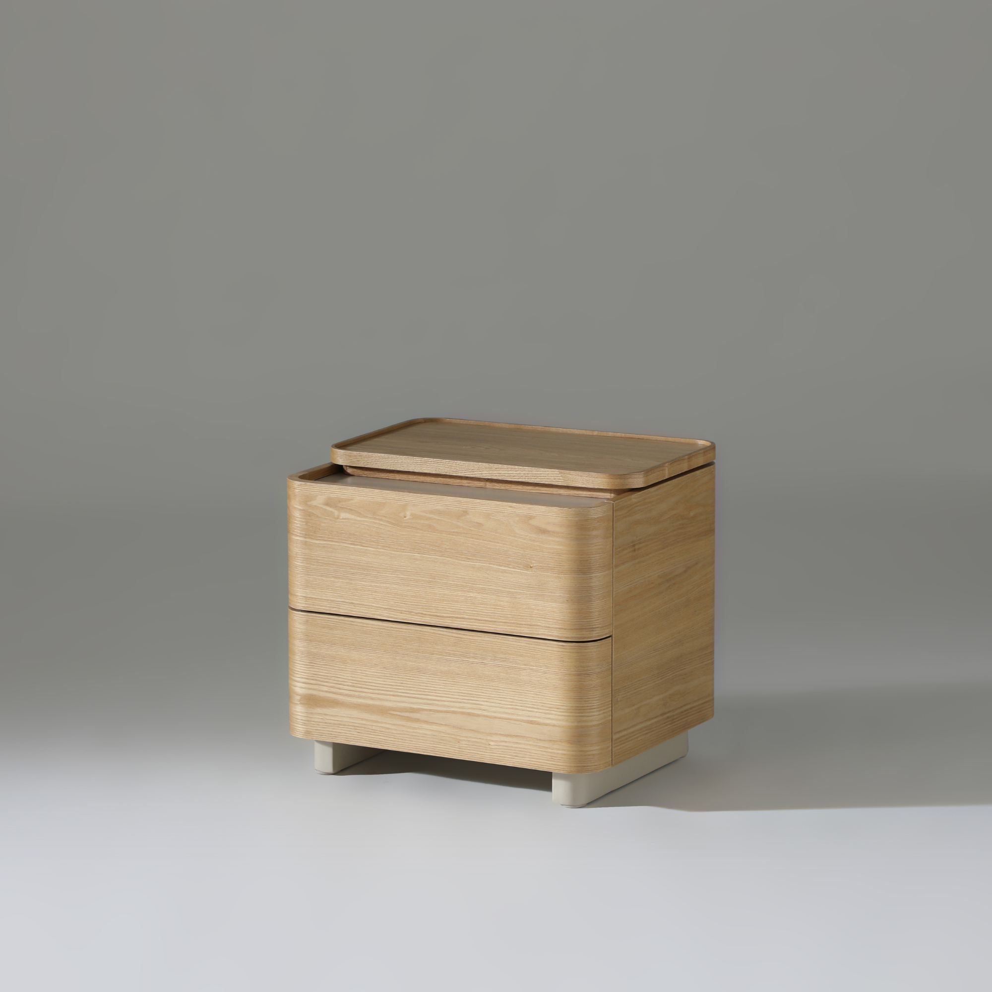 Xara 2 drawer bedside table in natural ash and warm grey finish, featuring smooth lines and spacious drawers.