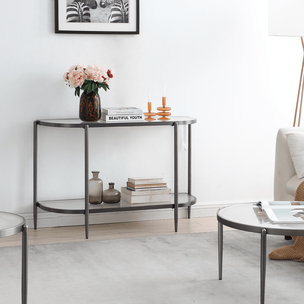Seek & Ramble Hall Table Gatsby Console Hall Table Fluted Glass Brushed Gunmetal Grey