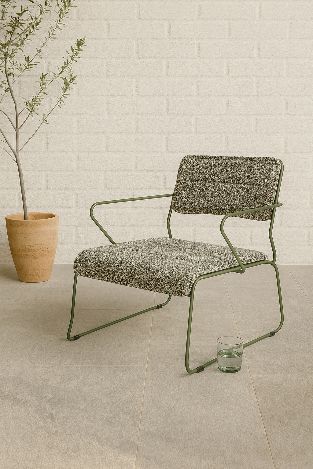 Parco Outdoor Armchair in olive with plush cushion, set against a textured wall and potted plant.