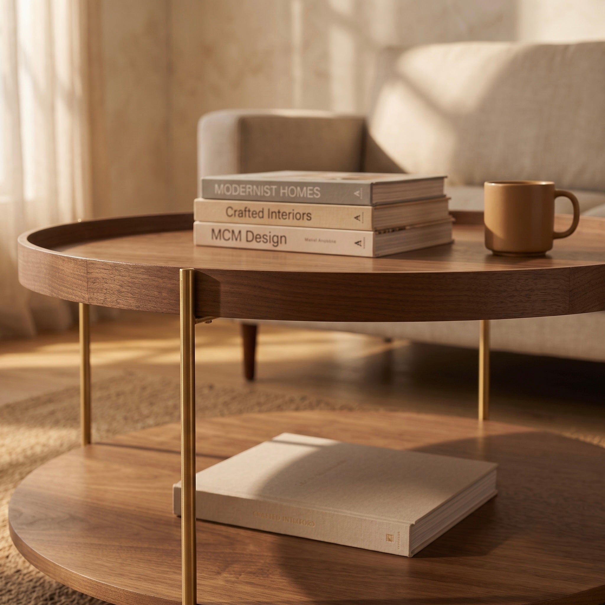 Seek & Ramble Coffee Tables Cleo 90cm Round Coffee Table Walnut & Gold Legs With Storage Shelf