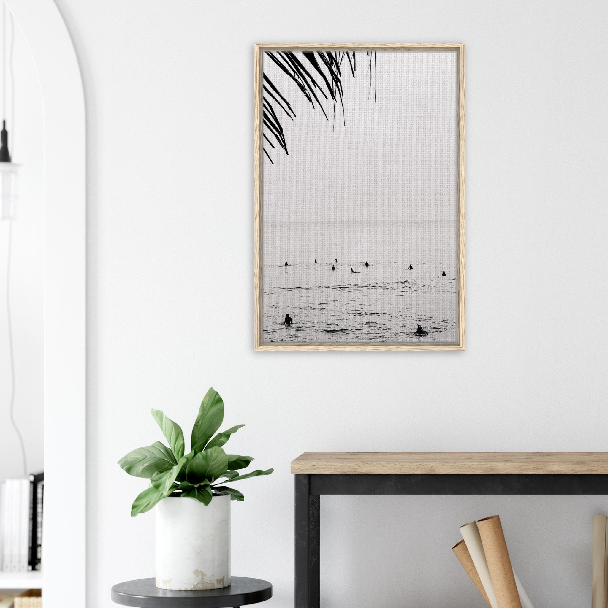 Seek & Ramble Canvas Bali Surfers Ocean Coastal Serene Framed Canvas Print - Black & White Art 60x90cm