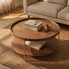 Seek & Ramble Coffee Tables Cleo 90cm Round Coffee Table Walnut & Gold Legs With Storage Shelf