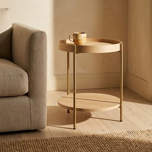 Seek & Ramble Side Tables Cleo 40cm Round Side Table With Storage Shelf - Ash and Gold