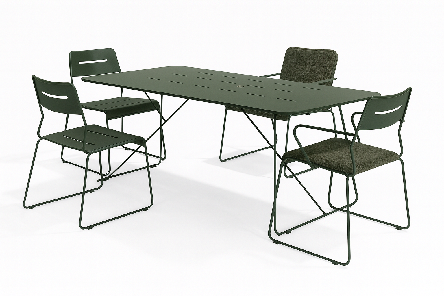 Parco Outdoor Dining Table in Olive with four matching chairs, perfect for outdoor gatherings and modern patio settings.