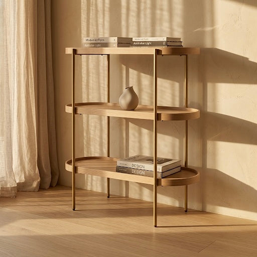 Seek & Ramble Shelving Cleo 3 Tier 90cm x 98cm Bookcase Natural Ash & Gold