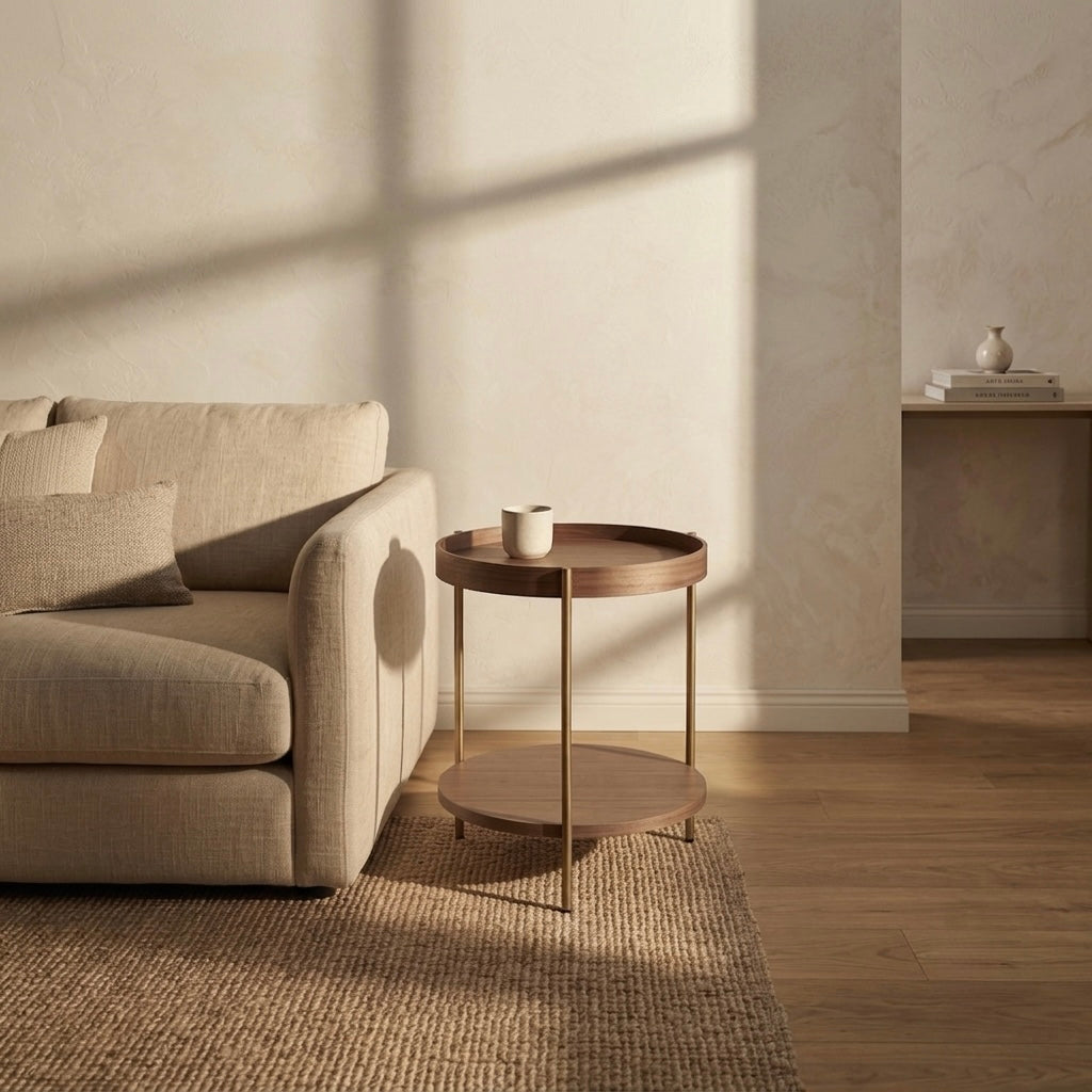 Seek & Ramble Side Tables Cleo 40cm Round Side Table Gold Legs With Storage Shelf Walnut