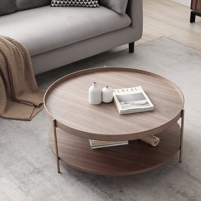 Seek & Ramble Coffee Tables Cleo Set of 2 90cm Round Coffee Table Walnut & Gold Legs With Storage Shelf Bundle