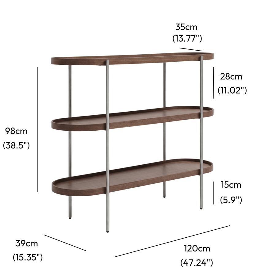 Cleo 3 Tier 120cm x 98cm Bookshelf Walnut & Brushed Stainless Steel measurements