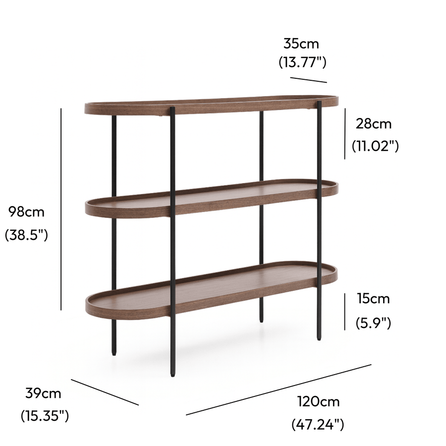 Cleo 3 Tier 120cm x 98cm Bookshelf Walnut & Black measurements