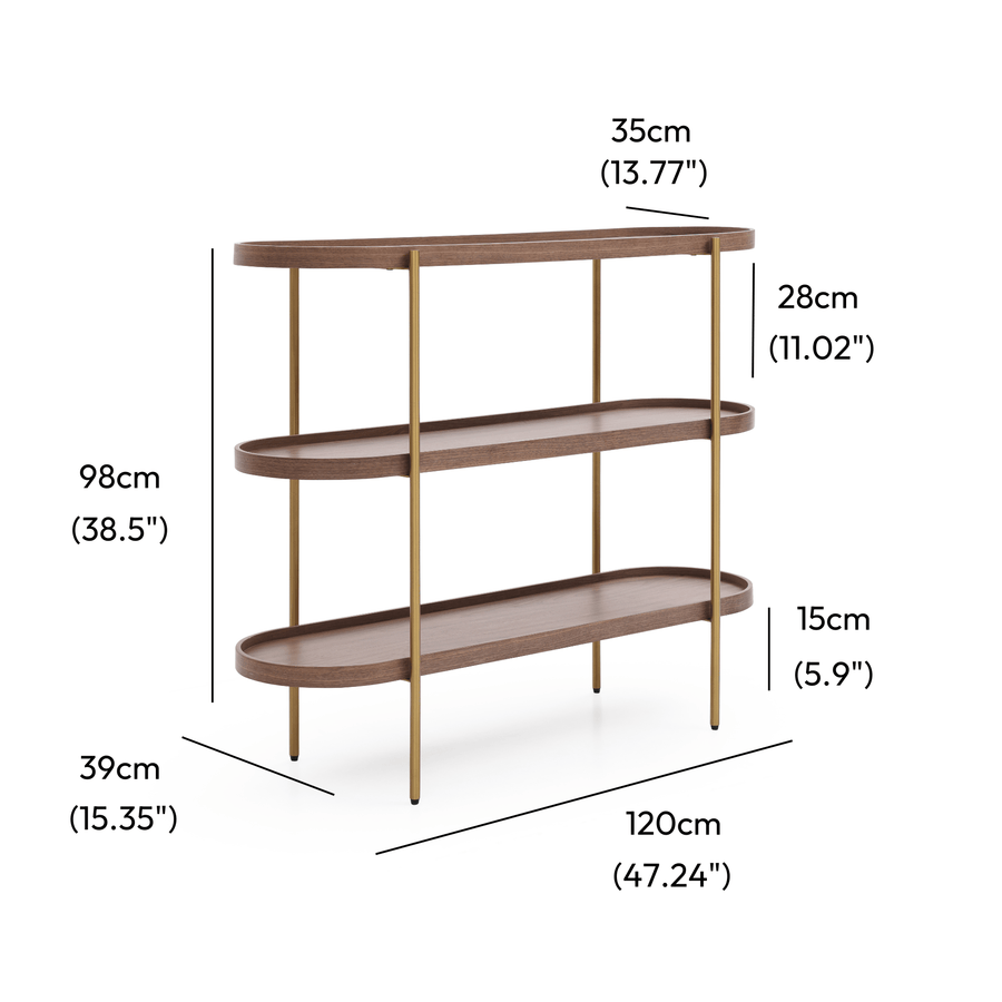 Cleo 3 Tier 120cm x 98cm Bookshelf Walnut & Gold measurements