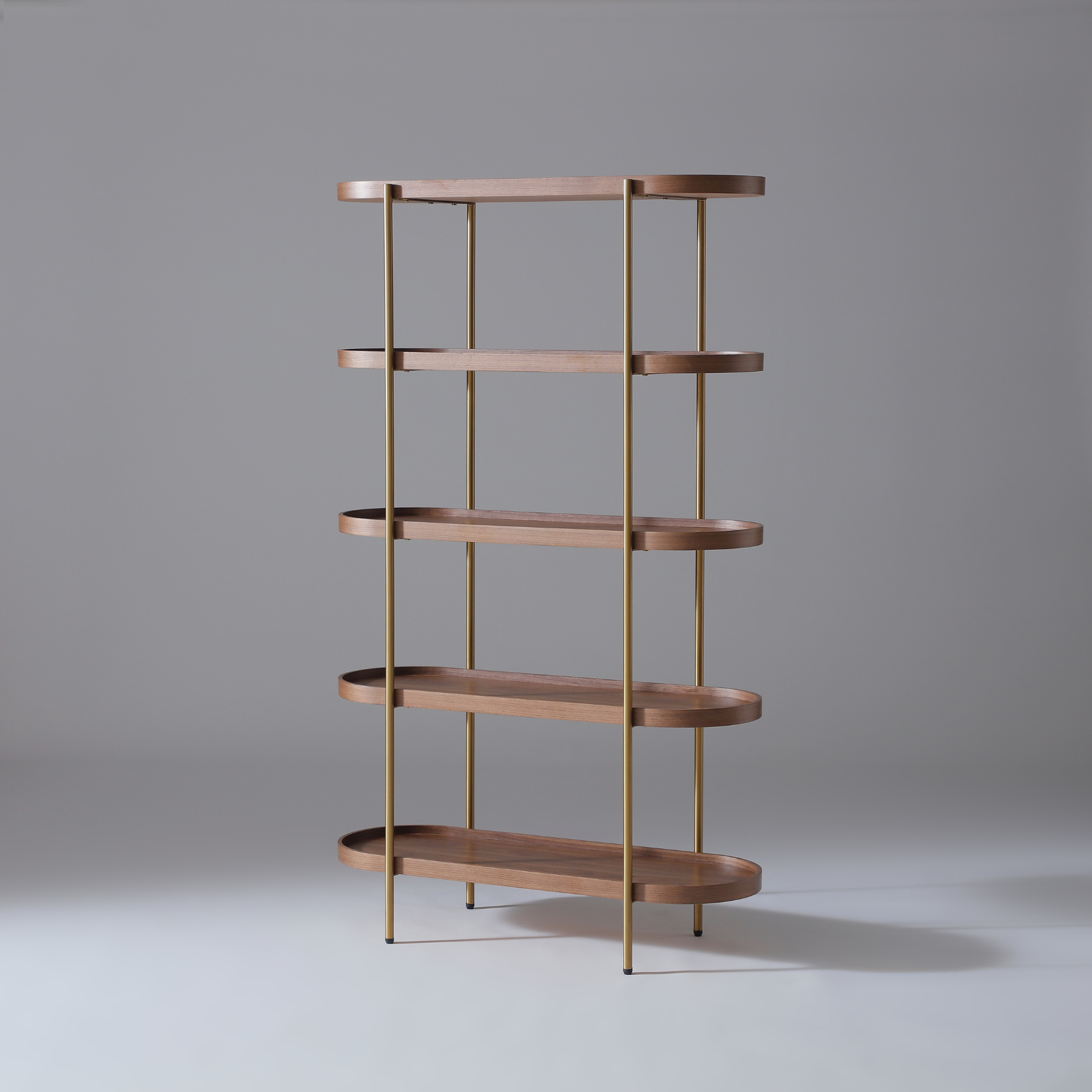Cleo 5 Tier Bookcase in Walnut with elegant gold frame and modern open-shelf design.