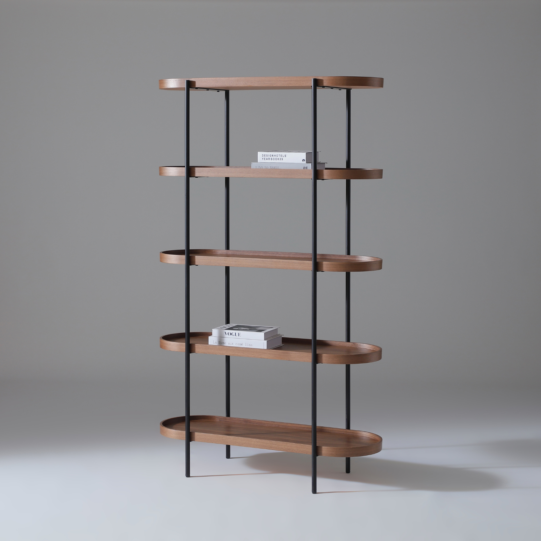 Cleo 5 Tier Bookcase in Walnut with sleek black metal frame and modern open-shelf design.