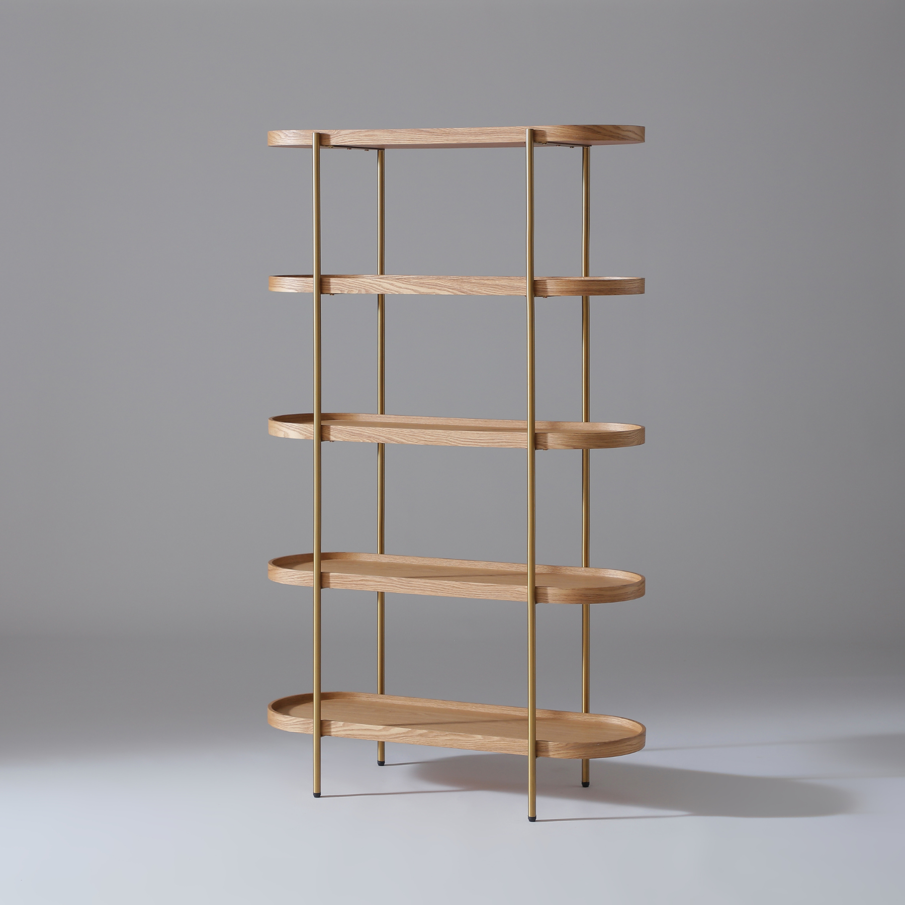Cleo 5 Tier Shelf Bookcase in Natural Ash with sleek gold metal frame and modern open design.