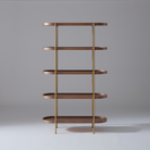 Cleo modern bookcase with five Walnut veneer shelves and stylish gold metal frame.