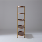 Contemporary open shelf bookcase featuring rich Walnut shelves and metallic gold frame.