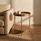 Seek & Ramble Side Tables Cleo 40cm Round Side Table Gold Legs With Storage Shelf Walnut