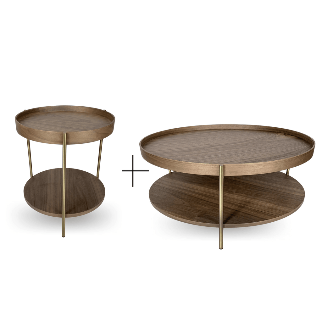 Seek & Ramble Coffee Tables Cleo Set of 2 90cm Round Coffee Table Walnut & Gold Legs With Storage Shelf Bundle