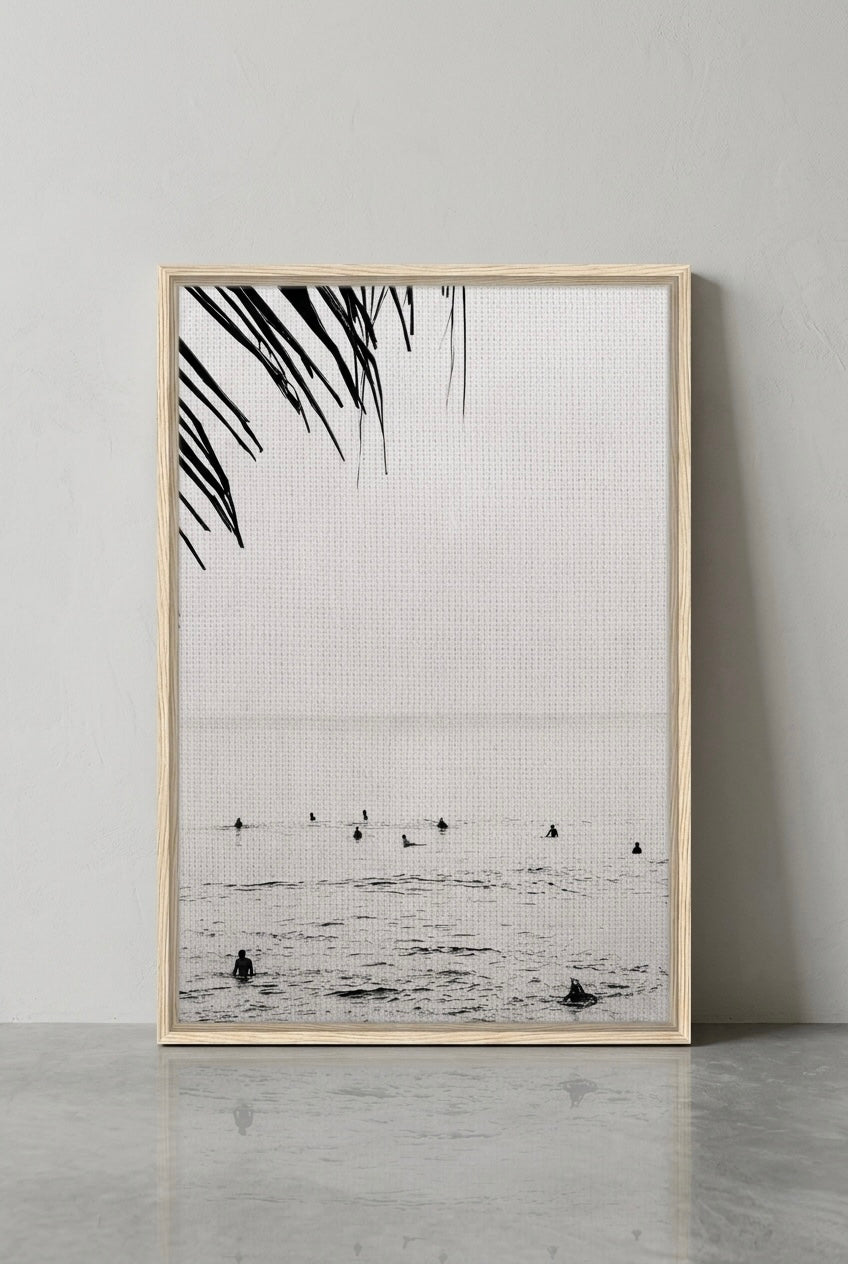 Seek & Ramble Canvas Bali Surfers Ocean Coastal Serene Framed Canvas Print - Black & White Art 60x90cm