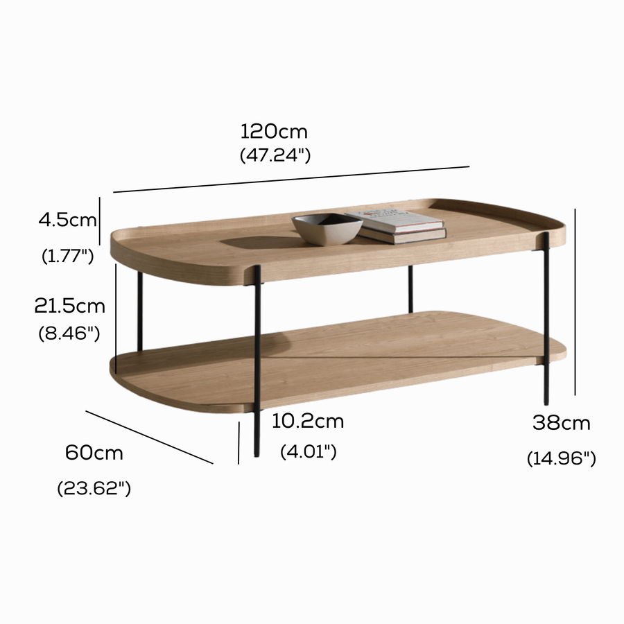 Cleo 120cm Rectangle Coffee Table Natural Ash & Black measurements