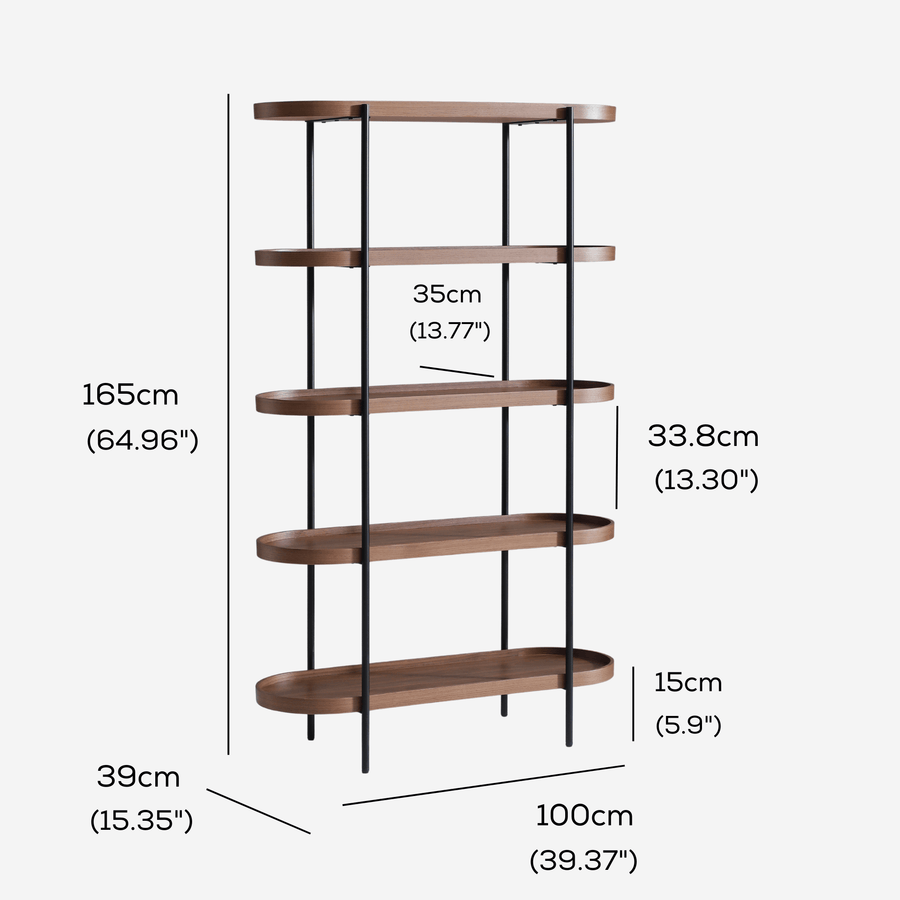 Cleo 5 Tier 165cm x100cm Bookshelf Walnut & Brushed Stainless Steel measurements