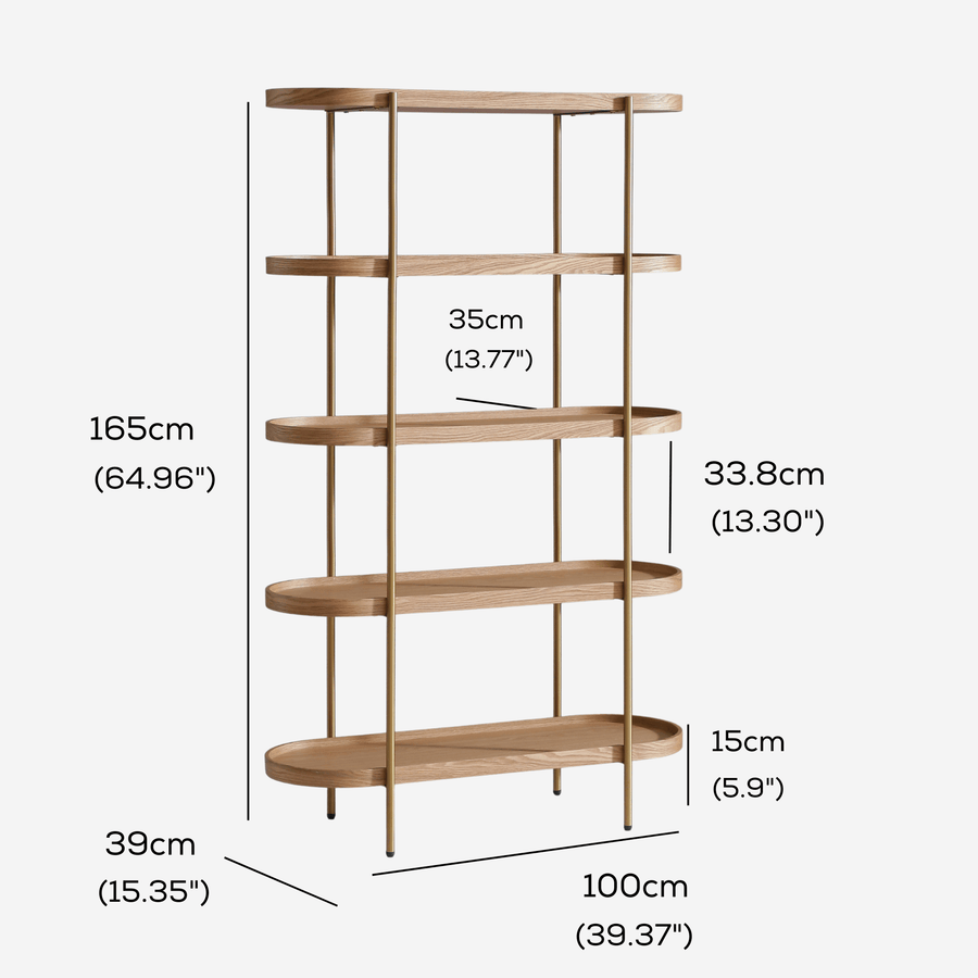 Cleo 5 Tier 165cm x 100cm Bookshelf Natural Ash & Brushed Stainless Steel measurements