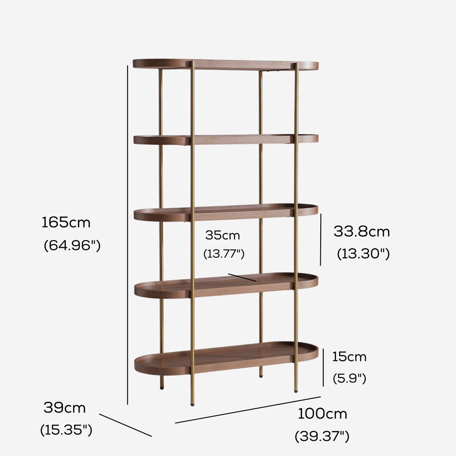 Cleo 5 Tier 165cm x 100cm Bookshelf Walnut & Gold measurements