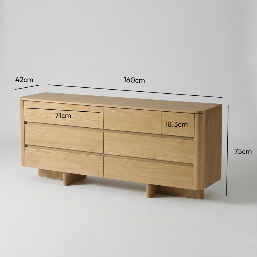 Kiama 6 Drawer Dresser Natural Ash measurements