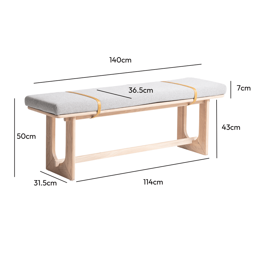 Oscar 1.4m Oak Upholstered Bench Storm measurements