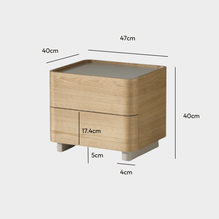Xara 2 Drawer Bedside Natural Ash with Foldable Tray measurements