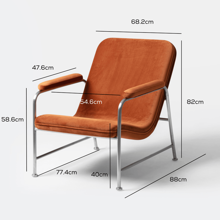 Milo Lounge Chair Brushed Steel Rust measurements