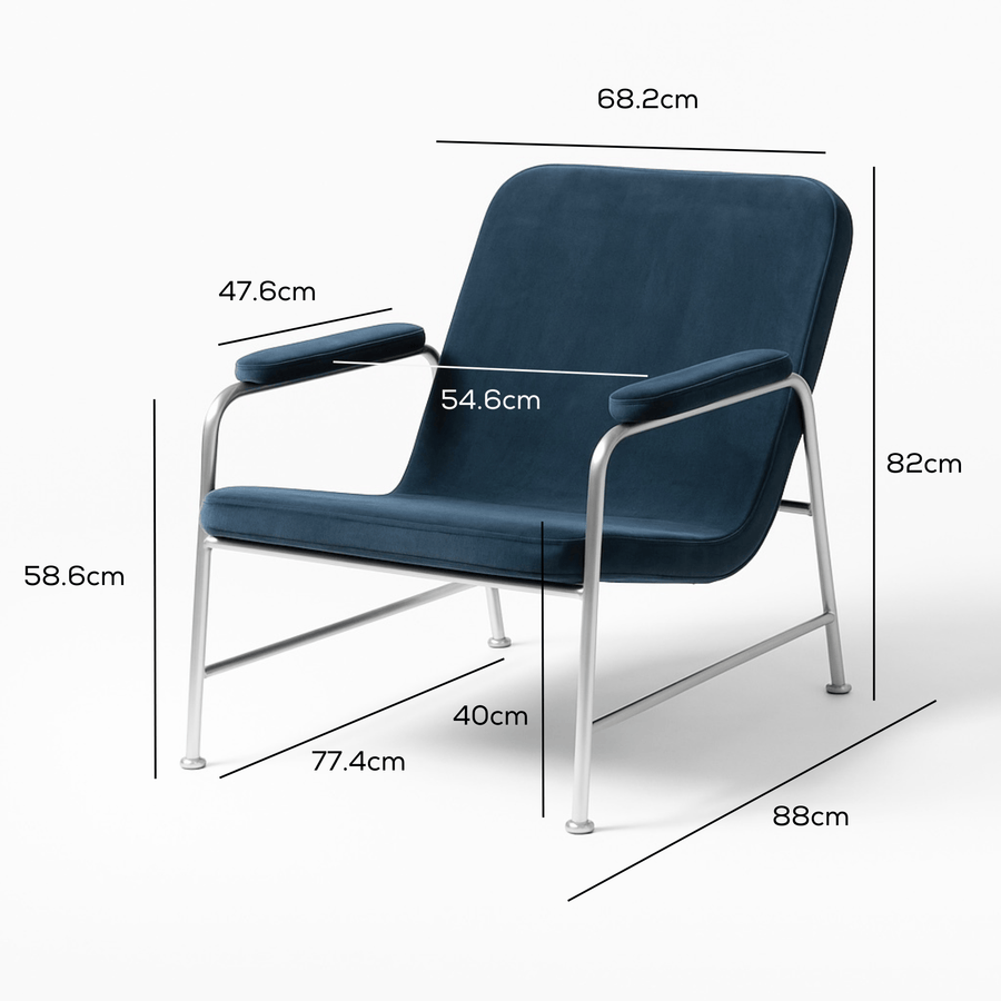 Milo Lounge Chair Brushed Steel Slate measurements
