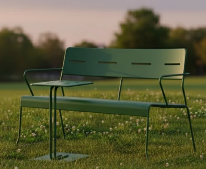 Modern outdoor bench seat in Sand with matching lounge chair and side C table on an Australian patio; e-coated steel, double powder-coat, removable cushions—space-saving, modern outdoor seating for balconies and courtyards.