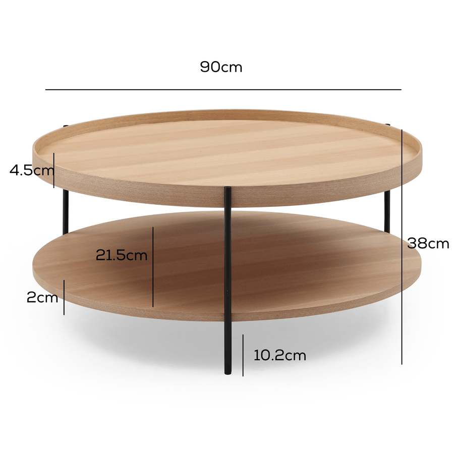 Cleo 90cm Round Coffee Table Natural Ash and Black measurements