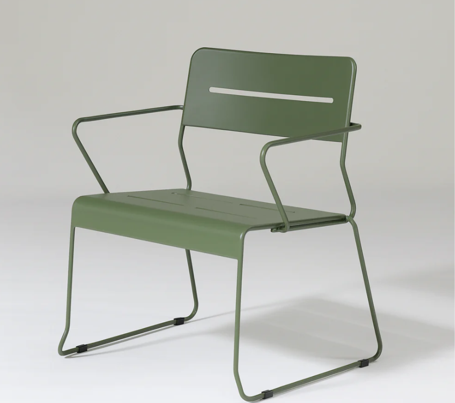 Olive modern outdoor seating set with bench tucked under a dining table plus lounge chair and coffee table; durable e-coated steel and easy-clean finish; contemporary Australian outdoor living scene designed for comfort and longevity.
